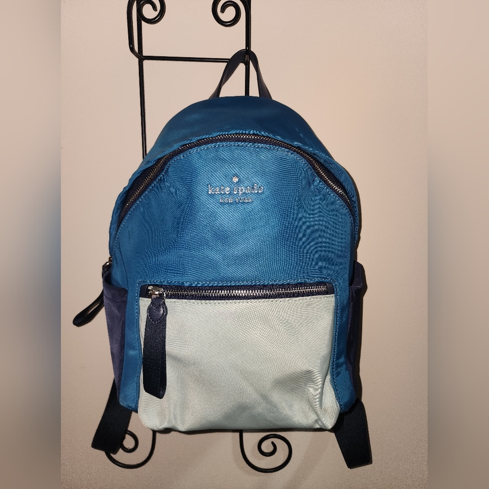 Kate Spade New York Blue Gray Leather Nylon Backpack Medium Pack Leather